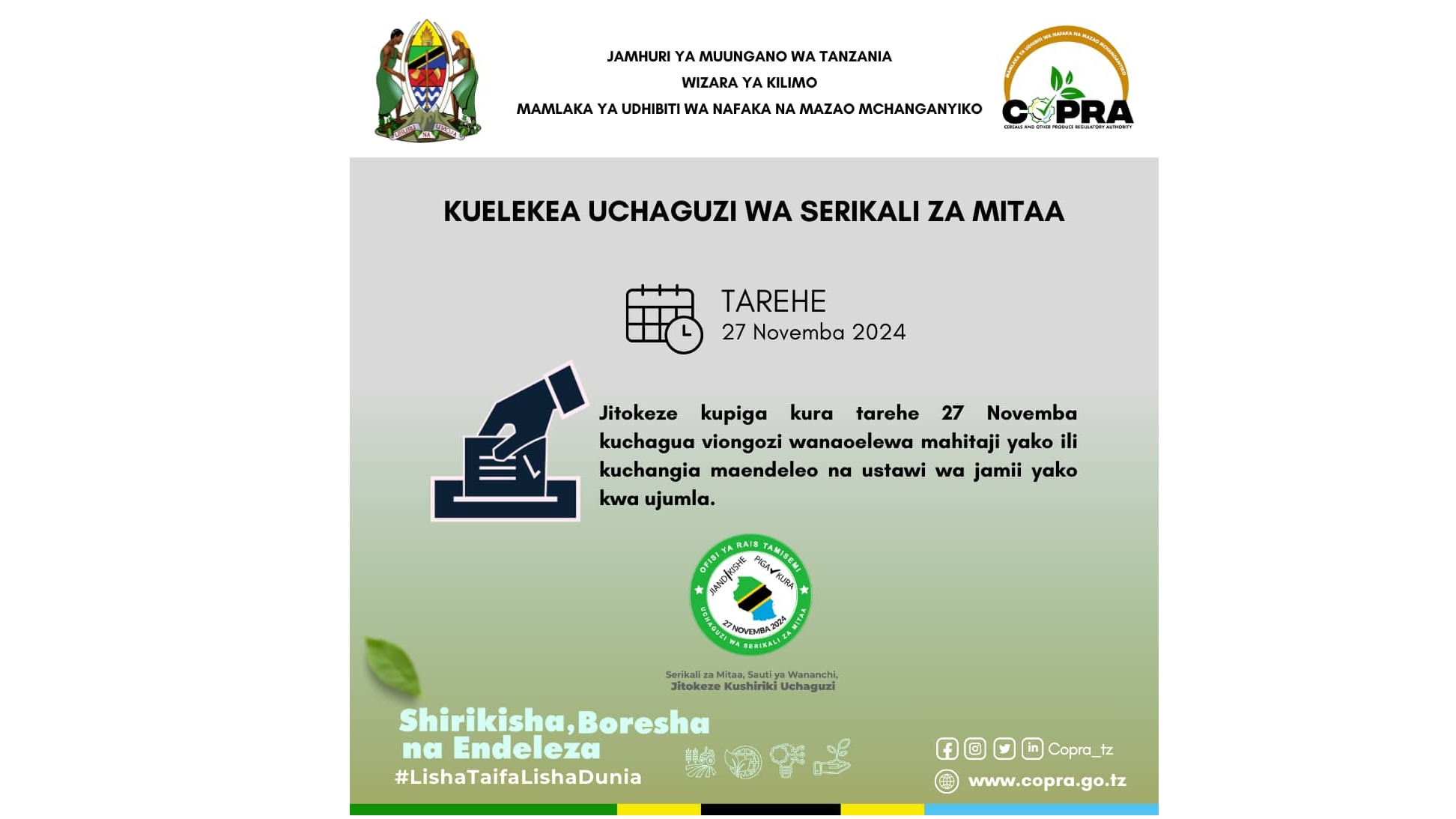 Shiriki kikamilifu na piga kura katika Uchaguzi wa Serikali za Mitaa tarehe 27 Novemba 2024.