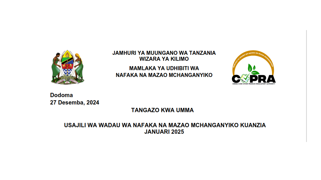 Usajili wa Wadau wa Nafaka na Mazao Mchanganyiko Kuanzia Januari 2025